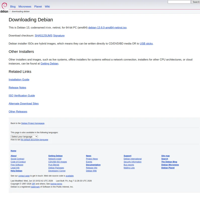 Debian 官方下载门户 – 通用操作系统 Debian GNU/Linux 官方网络安装与完整 ISO 镜像
